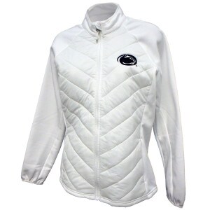 women's quilted white jacket with athletic logo image